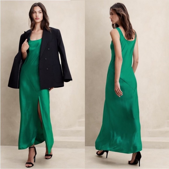 NWT! Banana Republic Factory Emerald Dream Green Silky Twill Slit Maxi Dress   - mordernwear.com